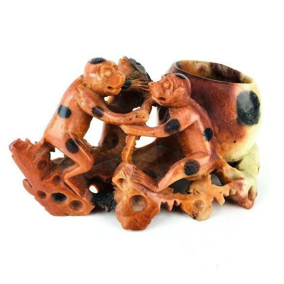 Vintage Detailed Hand Carved Soapstone Figurine Two Monkey's Bowl/Vase - Picture 1 of 11